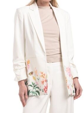 T TAHARI Elegant White Floral-Embellished Blazer